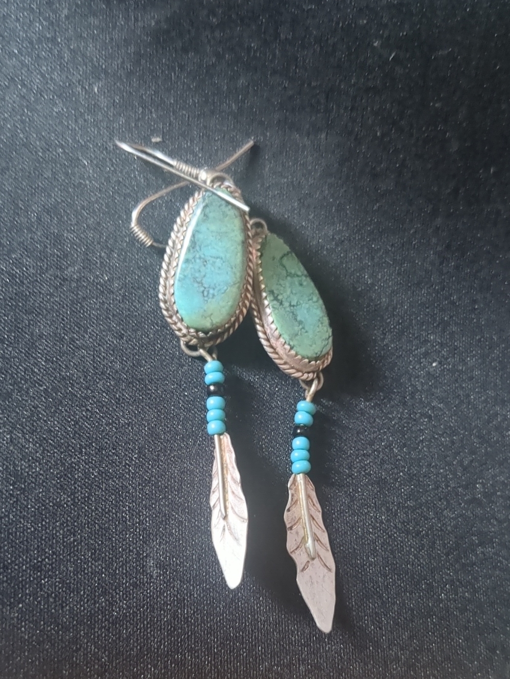 Vintage Southwestern Turquoise Stamped Feather Beaded Drop Earrings